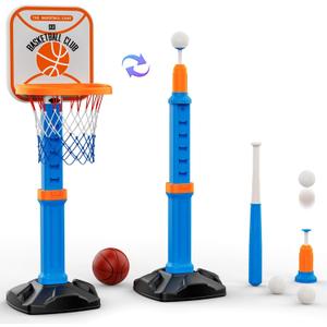 2 in 1 Toddler Basketball Hoop and T Ball Set with Automatic Pitching Machine - Adjustable Height, Kids Basketball Hoop Suit for Indoor Outdoor Sport Toys Gifts for Toddler Boys Girls Age 2-8 (Blue)