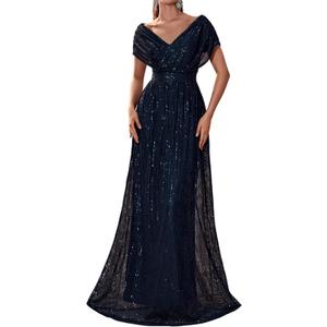 Women's Sequin V-Neck Short Sleeve A-Line Evening Dress Elegant Evening Dresses Party Gowns (Blue, XL)