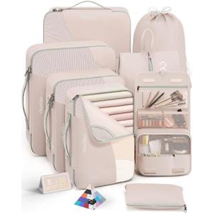 10 Set/8 Set Packing Cubes for Travel, Gifts for Women Mom,Anti-Tearing Suitcase Organizer for Luggage with Shoe & Hanging Toiletry Bag,OlarHike Vacation Essentials & Accessories for Cruise Ship,Cream (8 set (Short-Term Trip))