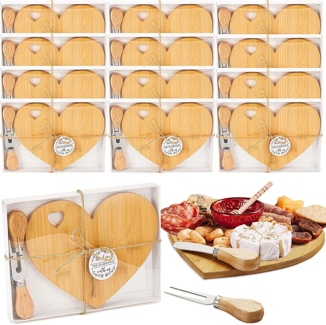 Patelai 12 Set Bridal Baby Shower Favor Heart Cheese Board with Knife, Wood Mini Charcuterie Board Thank You Gift Box for Guest Bridal Baby Shower Prize Wedding Valentines Birthday (Bamboo Color)