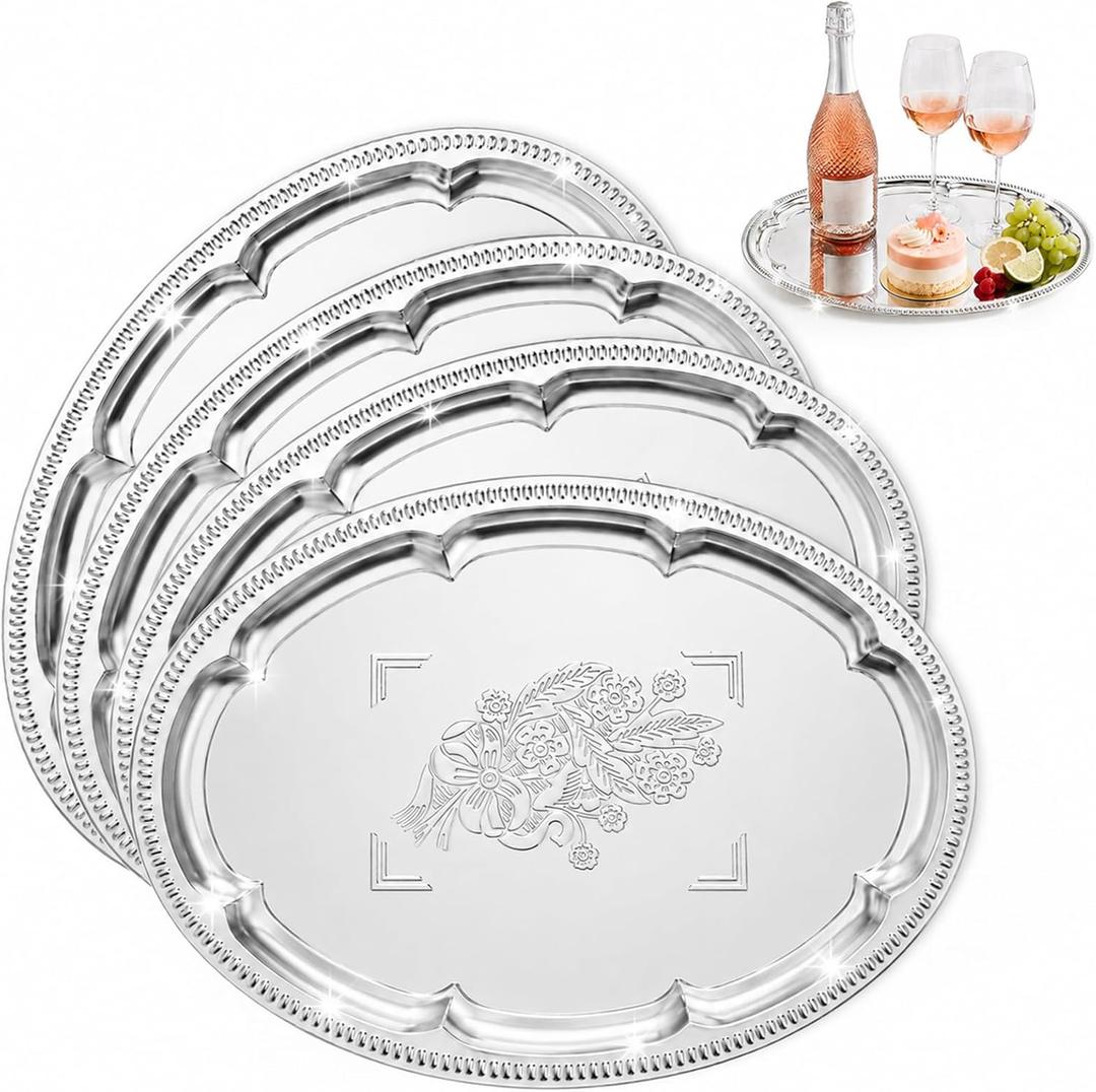 4 Pack Large Silver Serving Trays Set, Tableware Platters for Whiskey, Cookies,Snacks, Desserts, Party Food Display (15.7" x 11.8", Oval)