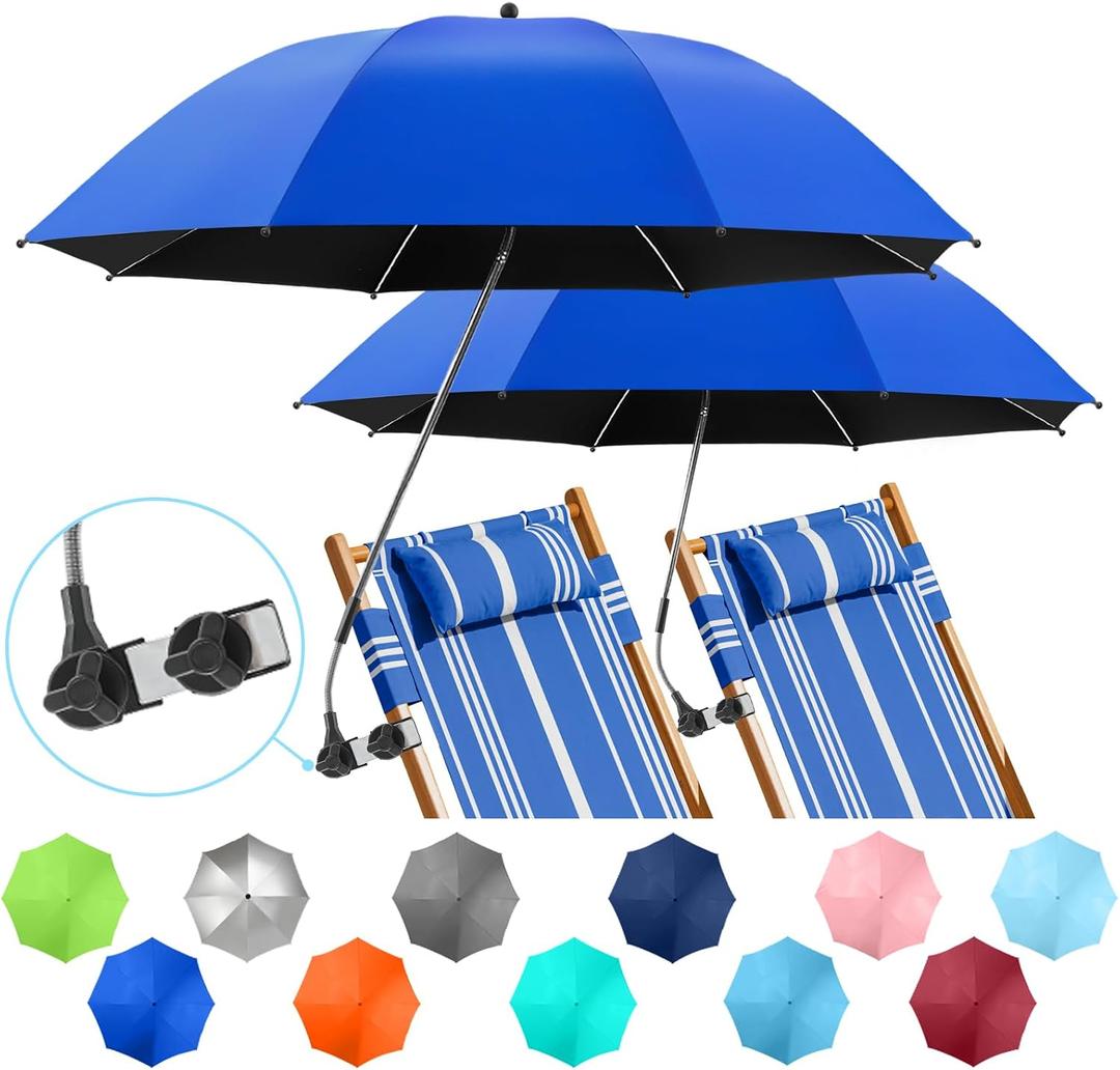 2 PACK Beach Umbrella with Clamp, 360 Adjustable Umbrellas for Chair, UPF50+ Umbrella for Beach Chair, Patio Chair, Wheelchair, Camping Chair, Golf Carts (Chair Not Included)