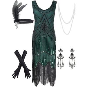 Women's Vintage 1920s Sequin Beaded Tassels Hem Flapper Dress w/Accessories Set (Green) X-Smal