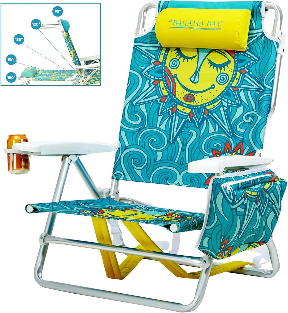 Old Bahama Bay Backpack Beach Chair, Aluminum Lightweight Reclining 5-Position Lounge Chair for Adults Heavy Duty Support 400 LBS Portable Folding with Cooler Bag Camping Chair for Sand Outdoor,  Sun, 1