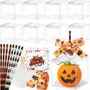 24 Set Halloween Candy Apple Box with Hole Clear Caramel Apples Gift Boxes with Sticks Paper Ribbon Tags Doilies Base Straws for Halloween Party Supplies, 4 x 4 x 4 Inch