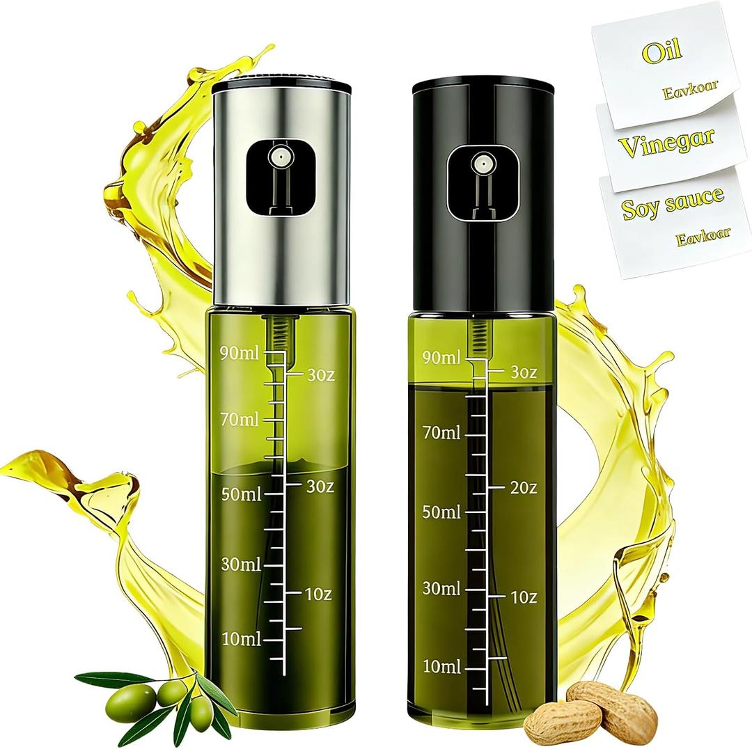 Cooking Oil Spray Bottle, Olive Oil and Avocado Oil Spray Bottle, 100ml Olive Oil Spray Bottle, Kitchen Tools, Air Fryer, Salad, Frying, Grilling (light-blocking glass)-Silver+Black