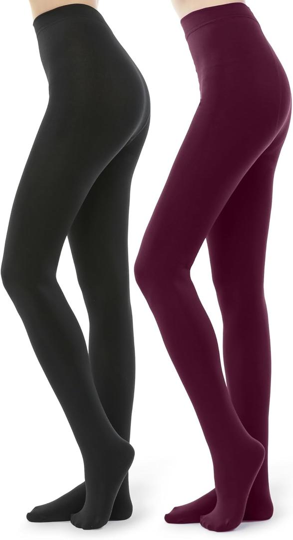 G&Y 2 Pairs Fleece Lined Tights for Women - 100D Opaque Warm Winter Pantyhose (Black & Burgandy Red)