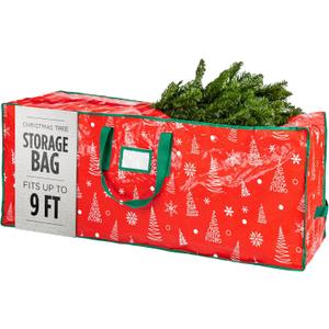 Christmas Tree Storage Bag - Stores 9 Foot Artificial Xmas Holiday Tree, Durable Waterproof Material, Zippered Bag, Carry Handles - Protects Against Dust, Insects and Moisture (Red Printed)