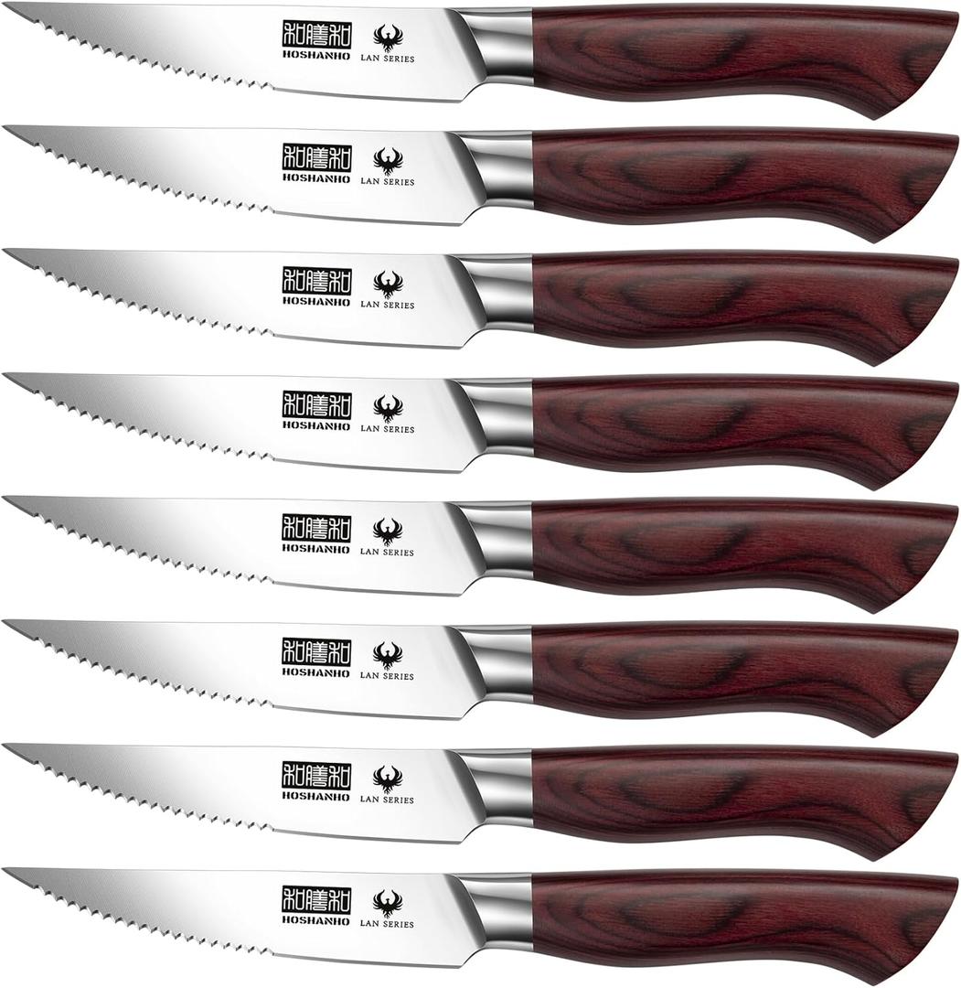 HOSHANHO Steak Knife Set 8 Pieces, 4.5 Inch Super Sharp High Carbon Stainless Steel Steak Knife Set, Professional Premium Serrated Precise Cutting with Ergonomic Wood Handle