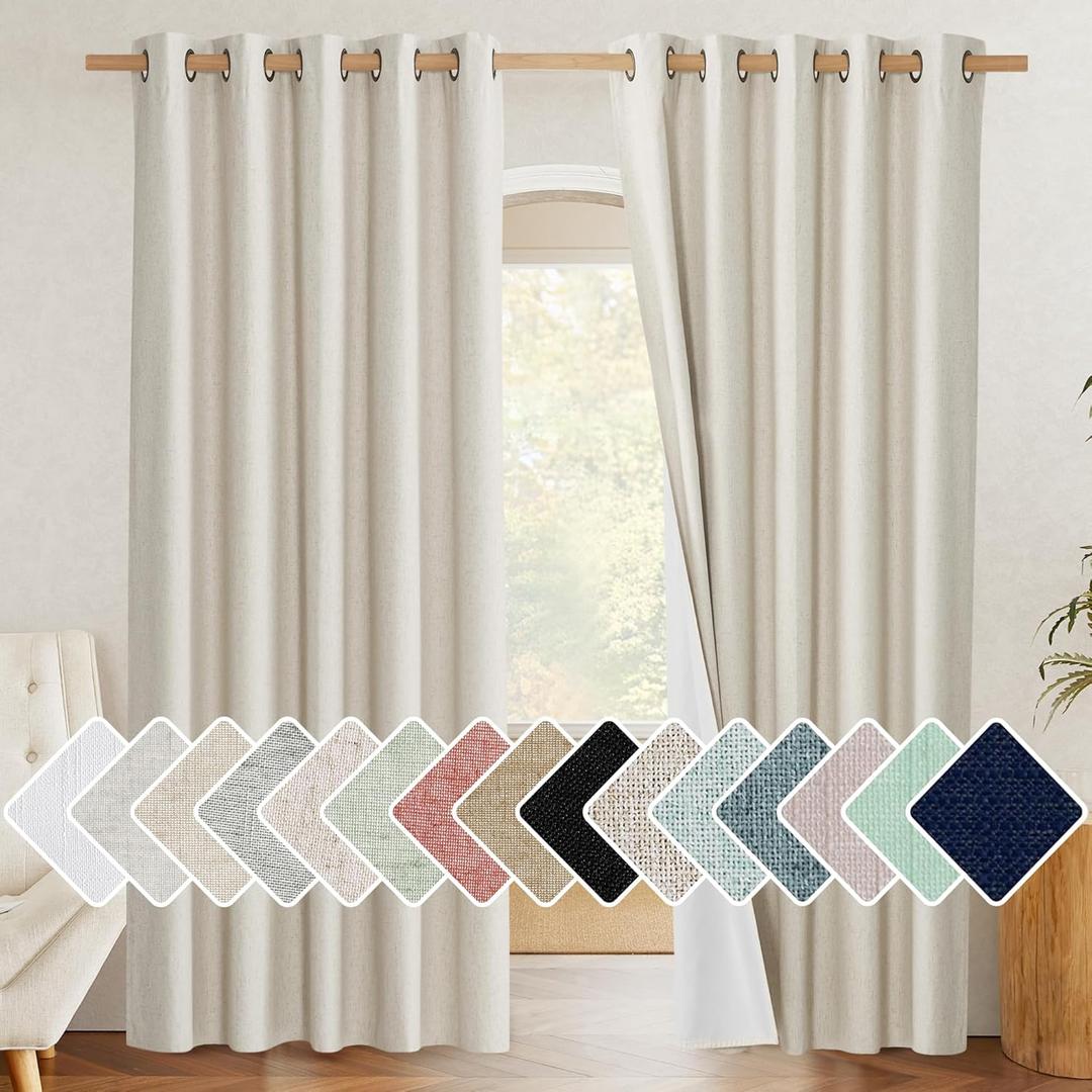 NICETOWN Farmhouse Style 100% Blackout Natural Linen Curtains 90 inches Length, 2 Panels, 62" W, Room Cooling Window Draperies with Thermal Insulated Liners for Dining Room