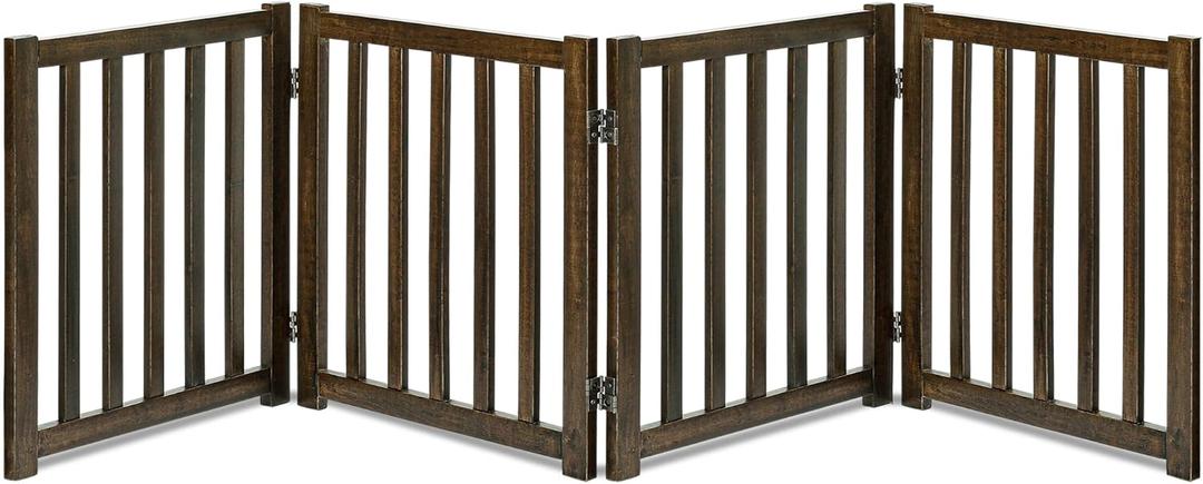 LZRS 4-Panel Wooden Free Standing Foldable Dog Gate Indoor  24" High, Extra Wide Step-Over Safety Pet Gate for Doorways, Stairs, Hallways, Large Spaces & Playpen for Puppies Indoor Use, Walnut