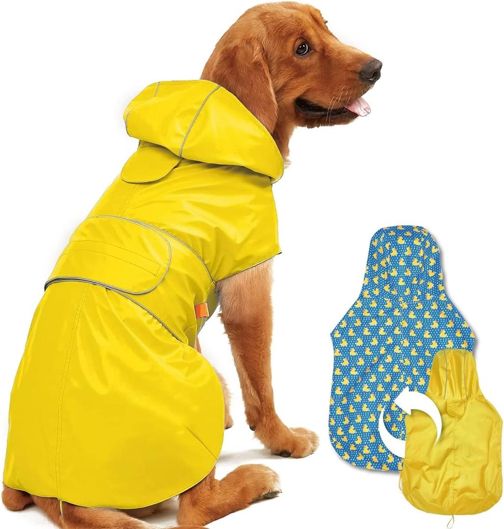 Dog Raincoat Reversible, Single Side Slicker Poncho Adjustable Waterproof Dog Rain Jacket with Leash Hole/Reflective Stripe Hooded Snowproof Windproof Clothes for Small to 3X-Large Dogs, Large
