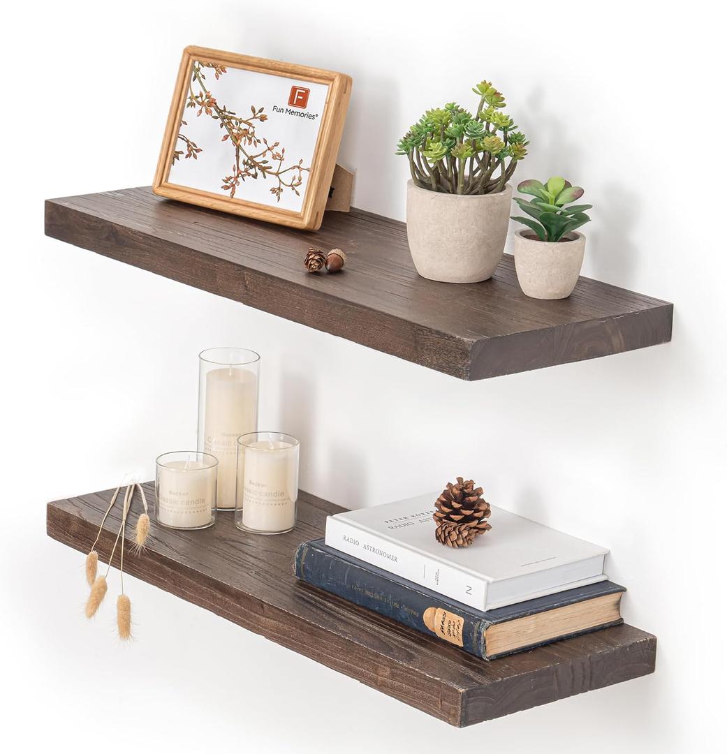 Floating Shelves for Wall, 24"x9.3" Rustic Solid Elm Wood Shelves, Heavy-Duty Wall Mounted Shelves with Invisible Brackets, Set of 2 for Living Room, Bedroom, Kitchen, Walnut Finish, 24"L, Pack of 2