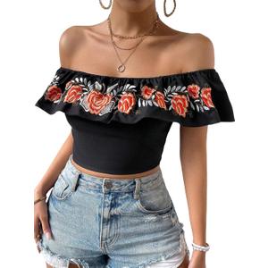 MakeMeChic Women's Floral Embroidered Off Shoulder Ruffle Trim Crop Top Blouse Shirt (Black)