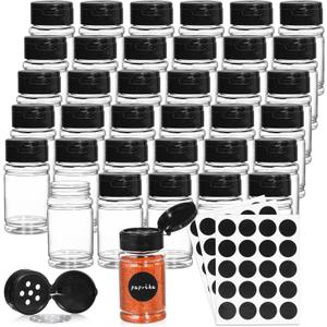 Tosnail 36 Pack 2.7 Oz Small Plastic Spice Bottles with Black Shaker Lids and Labels, Empty Plastic Jars with Lids, Seasoning Shaker Containers for Travel, Camping, Glitter, Gift, Party Favors - Clear