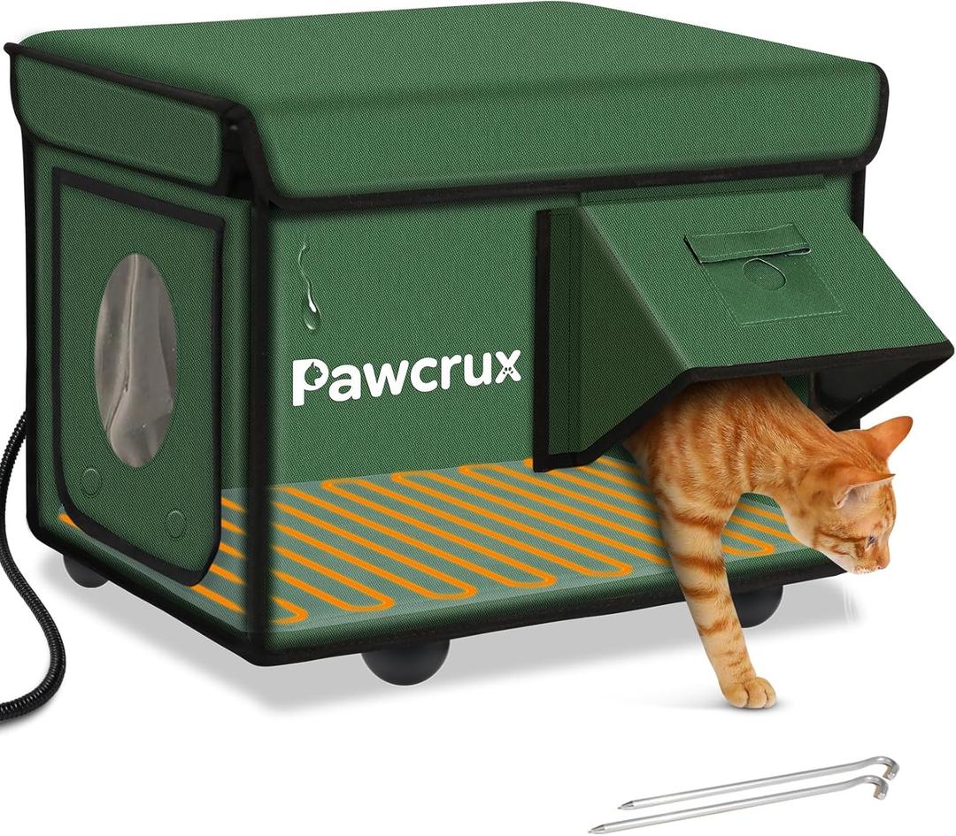 Weatherproof Heated Cat House for Outdoor in Winter, Heated Cat Bed Kitty Shelter with Cat Heating Pad, Insulated & Safe Escape Door, Warm Home for Outside Stray Cat (13"x16"x14", Green)