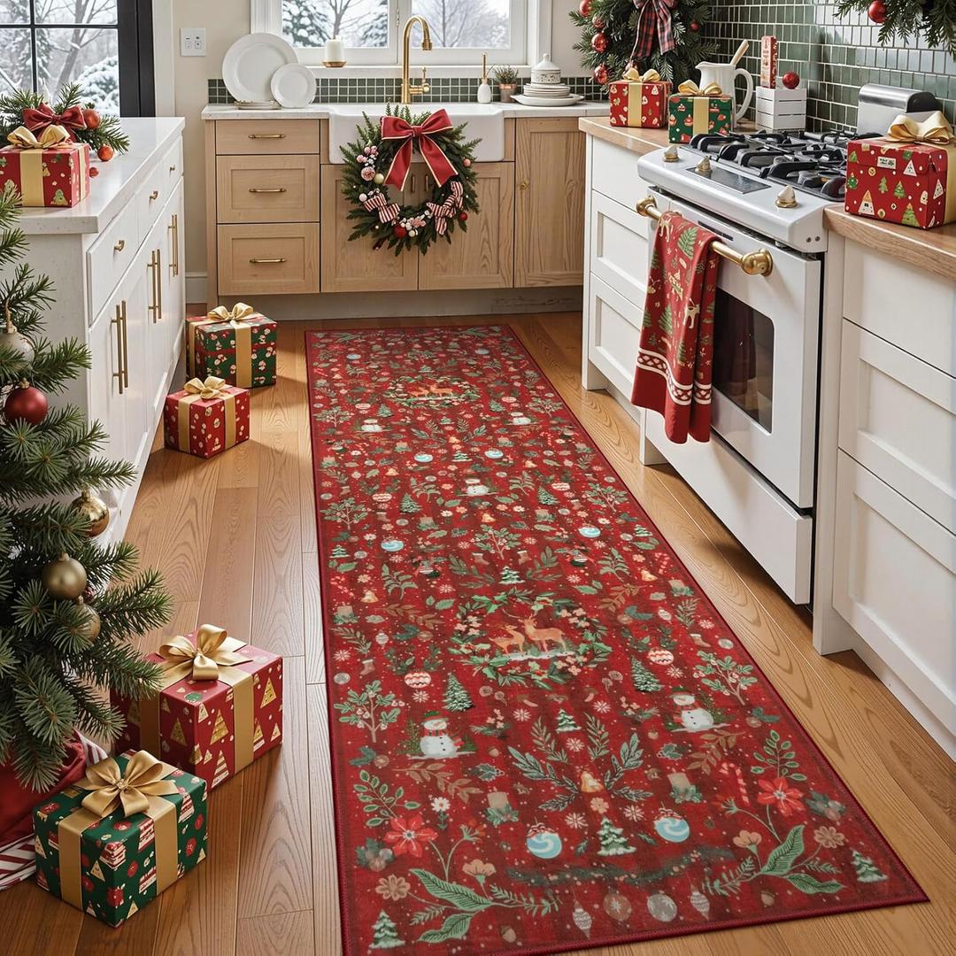 Lahome Christmas Runner Rug for Hallway 2'6" x 8', Non Slip Washable Long Kitchen Carpet Runner, Low Pile Soft Xmas Reindeer Runner for Entryway Bathroom Holiday Decor, Red