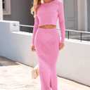 PRETTYGARDEN Women's Spring Fall 2 Piece Sweater Set Rib Knit Long Sleeve Crop Top Maxi Bodycon Skirt Casual Winter Outfits (Medium, Pink)