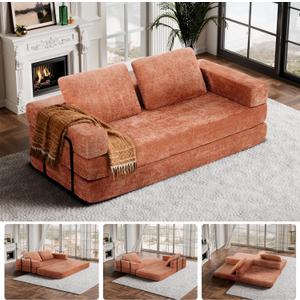 Convertible Sofa Bed, Convertible Folding Mattress Couch with Oversized Pillows, Modular Sectional Sofa Bed with Fixed-Shape Frame, Chenille Floor Lounge Couch for Living Room, Orange