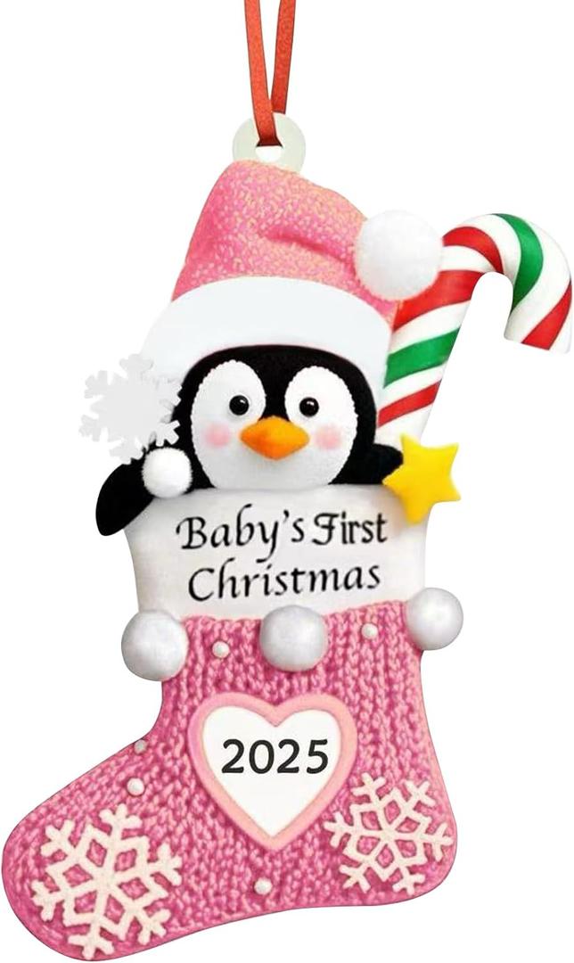 Baby's First Christmas Ornament 2025,Babys First Christmas Stocking Ornaments for Boy and Girls Personalized Babies Gifts My 1st Xmas Ornaments 2025 Window Tree Crib Fireplace Xmas Tree Decorations(5) (Pink-penguin Resin)