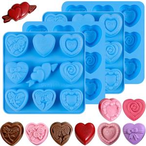 Sidosir 4Pcs Small Heart Truffles Chocolate Molds, Valentine's Day Truffles Chocolate Silicone Non-Stick Molds for Crafting Cakes, Mini 9-Design Love Rose Heart Resin Soap Mold for Home Bakers