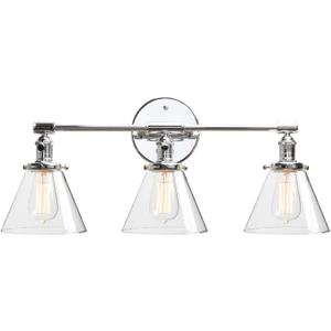 Phansthy 3-Light Wall Sconces Antique Brass Vanity Light, Industrial Wall Lamps with On Off Switch and Clear Glass Lampshade, Vintage Wall Lighting for Bathroom Living Room (Chrome, Cone Shade)