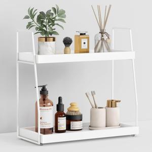 Forbena White 2 Tier Bathroom Organizer Countertop, Small Counter Top Organizer for Bathroom Decor, Modern Kitchen Counter Shelf for Snack, Vanity Makeup Organizers and Storage Tray for Bedroom
