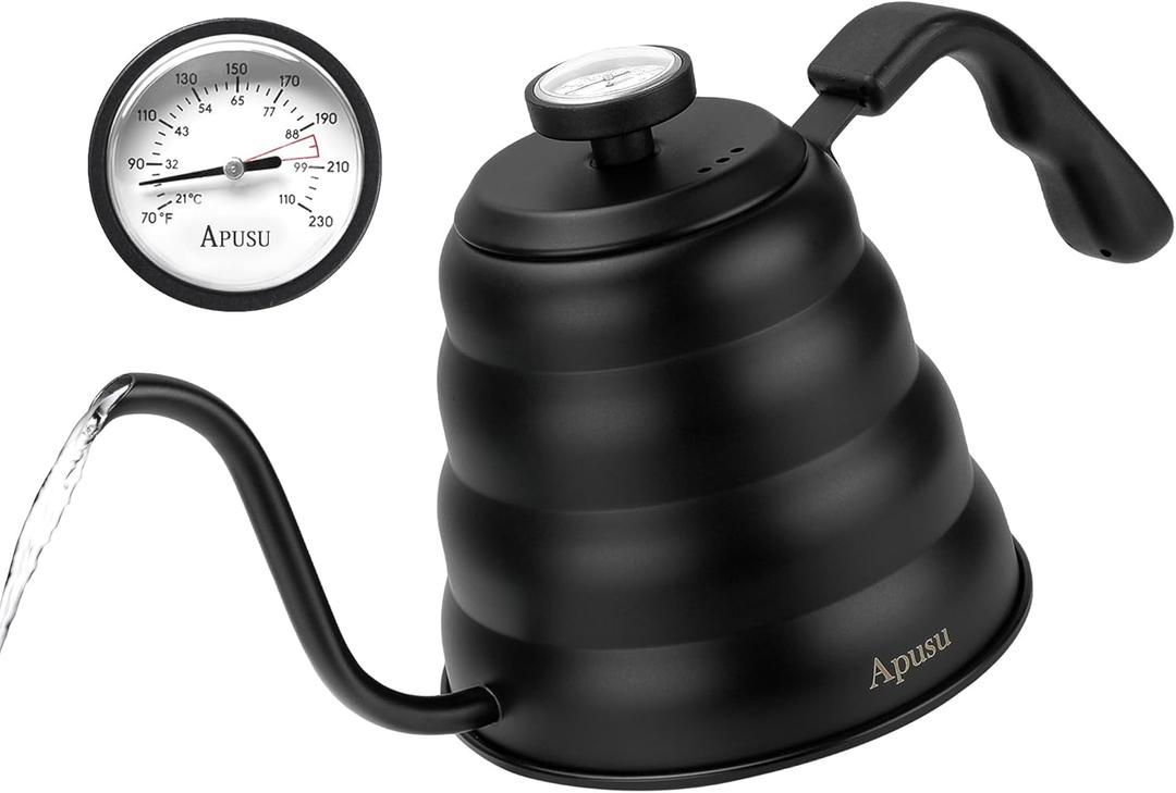 Tea Kettle with Thermometer Pot Black Stovetop Tea Kettle 40oz Gooseneck Kettle Teapot Pour Over Coffee Kettle with Thermometer,1200ml,6 Cup,Black,1Pack (1.3 Quarts)