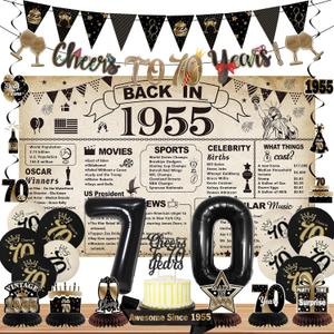 DARUNAXY 70th Birthday Party Decorations for Men Women, Vintage Back in 1955 Banner, Black 70 Number Balloons & Cake Topper, Vintage 1955 70 Birthday Honeycomb Hanging Swirl Confetti Balloons(28PC)