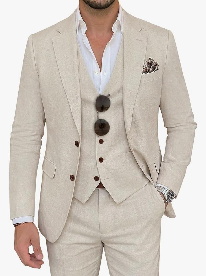 Men's Suit 3 Piece Linen Suits Slim Fit Suit Blazer Vest Pants Set Wedding Prom Tuxedos Business Casual Suit, M