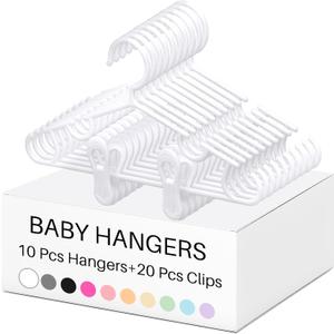 Hsei Baby Hangers with 10/20/80 Clips, Plastic Kids Pants Hangers for Nursery Closet Top and Bottom Clothes Hanger Set for Newborn Infant Toddler(30 Packs Total, White,10.6 Inch)