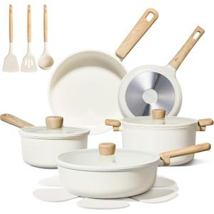 CAROTE 16pcs Ceramic Cookware Sets, Pots and Pans Set Non Stick, Healthy Cookware Set, Induction Kitchen Pots and Pans, PFAS/PFOA Free (White)