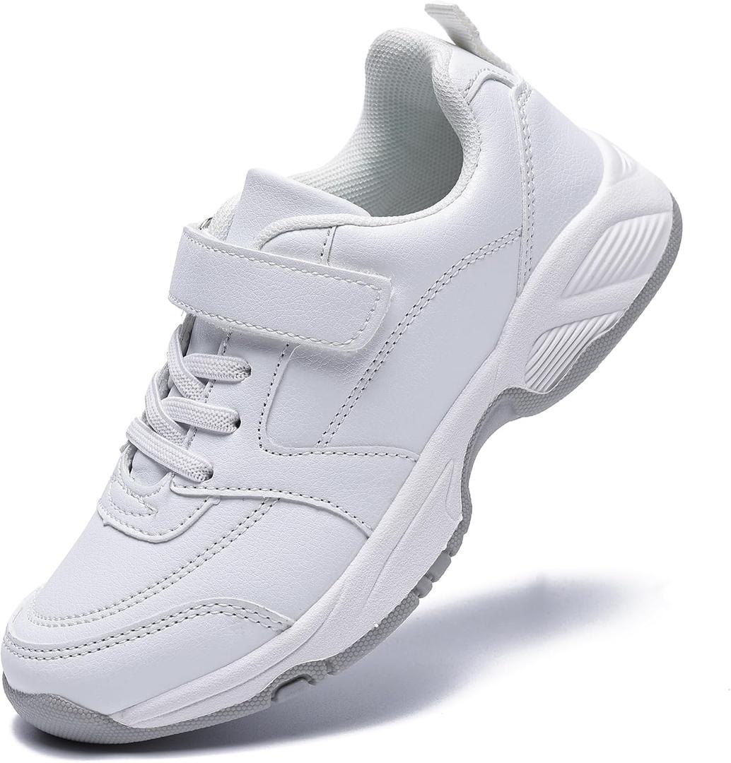 Boys Girls Tennis Shoes Leather Running Sneakers Hook & Loop Kids School Cheer Shoes (2 Big Kid, White)