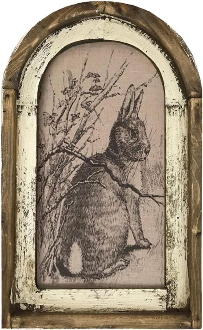 Smaroll Rustic Easter Decorations Bunny Photo Rabbit Painting with Frame Farmhouse Decoration