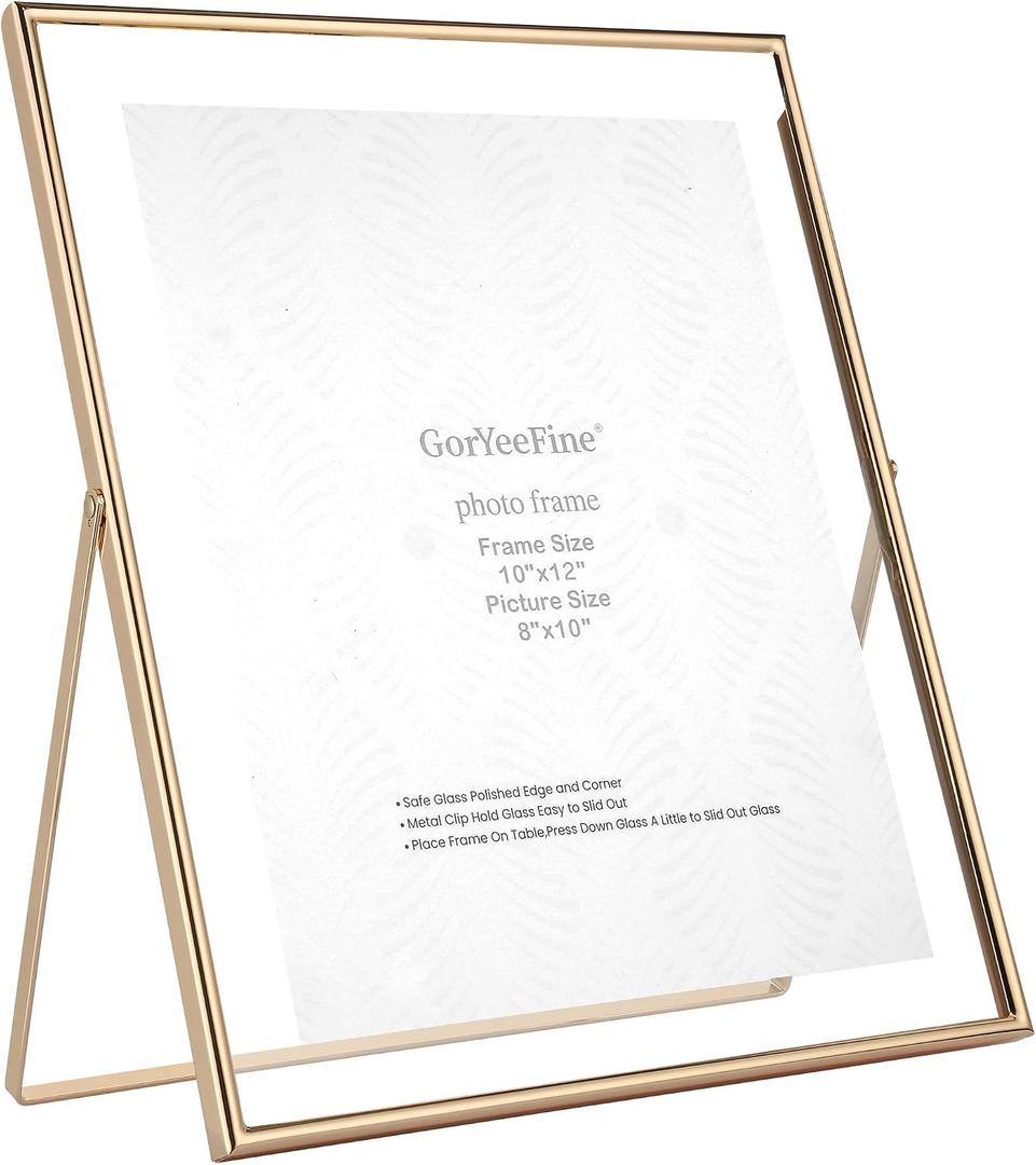 Gold 10x12 Floating Frame for Picture(5x7'',7x9'',8x10''),Adjustable Tabletop/Shelf floating picture frame 8x10'',Classy Gift Choice for Wedding,Thanksgiving,Christmas,Home or Office Decor