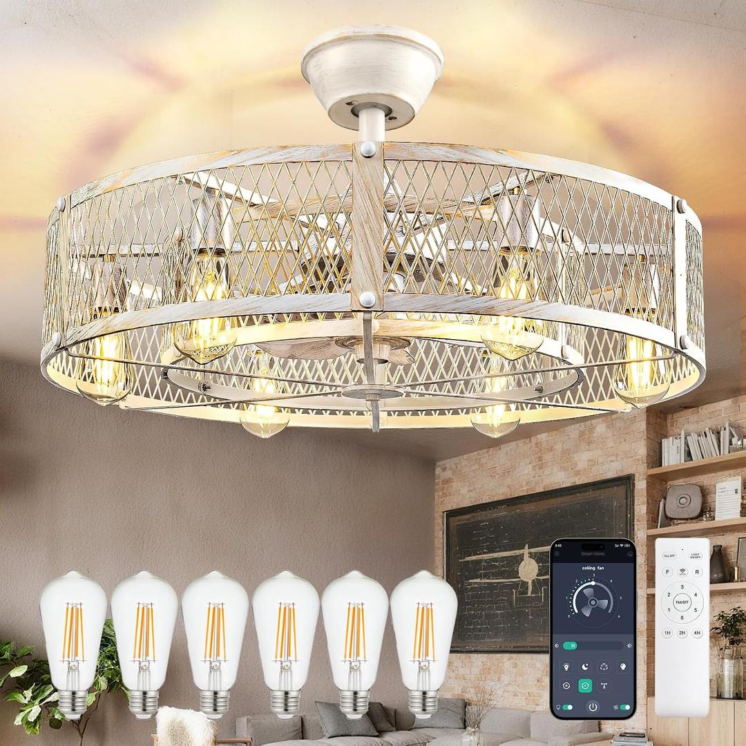DLLT Caged Ceiling Fan with Lights: 26" Large Bladeless Fandelier with Light and Remote - Cement Industrial Chandelier Fan Light Semi Flush Mount Rustic Enclosed Fans Bedroom Dining Room Kitchen