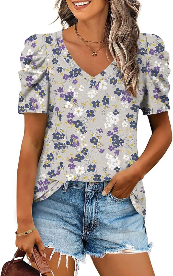 Anydeer Women's Summer Tunic Top Short Puff Sleeve Casual Tshirts Vneck Fashion Pullover Loose Blouse (Gray, XXL)