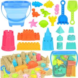Collapsible Beach Toys for Kids Toddlers, Collapsible Sand Bucket and Shovels Set with Mesh Bag, Travel Sand Castle Building Kit, Sandbox Toys, Foldable Beach Essentials for Toddlers Kids Age 3-10