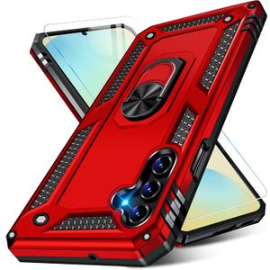 for Samsung Galaxy S24 FE Case with Screen Protector, Military Grade Rugged Shockproof Galaxy S24 FE 5G Heavy Duty Protective Cover for Samsung S24 FE Magnetic Ring Kickstand Phone Case (Red)