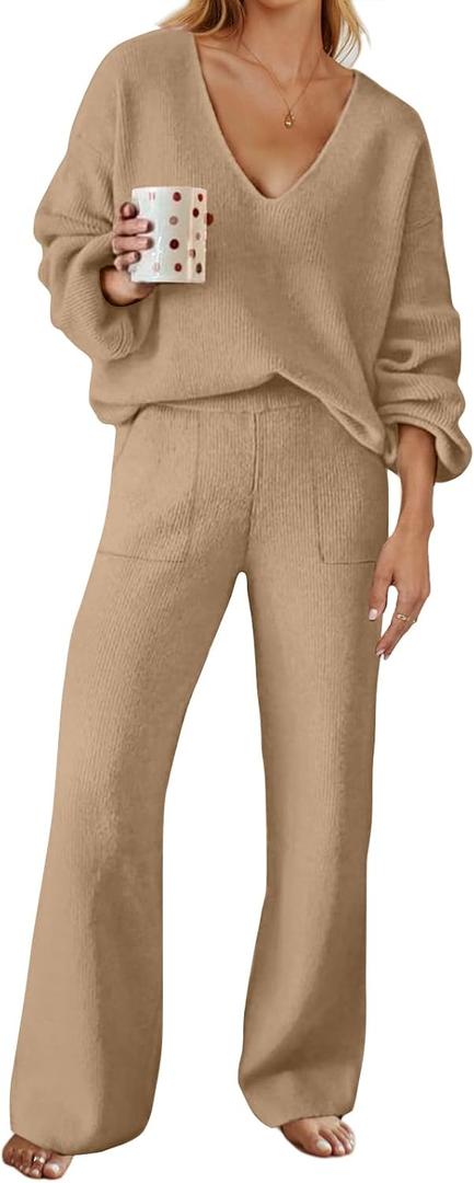 MEROKEETY Women's 2 Piece Outfits Lounge Sets Fall Winter Long Sleeve Knit Sweater Wide Leg Pant Matching Set (Beige, S)