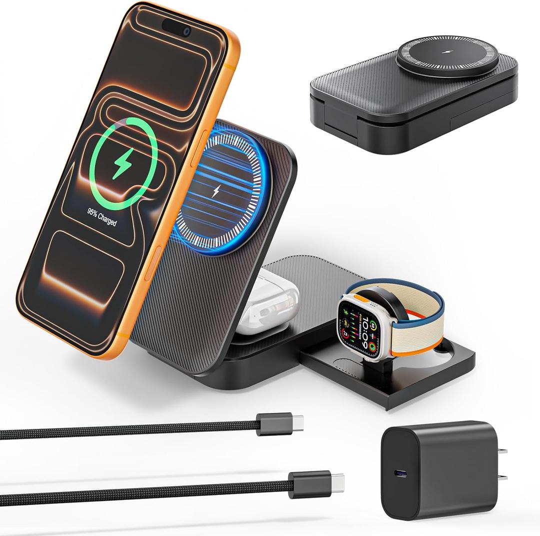 (Apple MFi Certified)3 in 1 Charging Station Apple, 25W 6FT Mag safe Stand Magnetic Charger for iPhone and iWatch with 35W USB C Block for iPhone 17 Pro Max/16 Pro/15 Plus/14/13/12,AirPods,Apple Watch