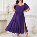 SCOMCHIC Womens Plus Size Wedding Guest Cocktail Dresses Sweetheart Neckline Short Sleeve Smocked Ruffle Slit Maxi Dress (Purple, XXXL)
