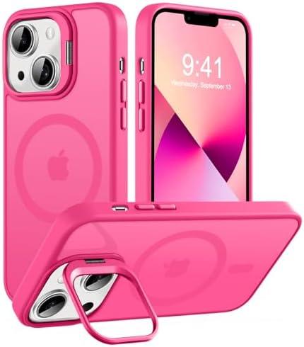 VoBoEo Magnetic for iPhone 13 Case & iPhone 14 case, Compatible with Magsafe, Built-in Stash Stand, Matte Scratch-Resistant Back Cover Shockproof Phone Case for iPhone 13/ iPhone 14, Hot Pink
