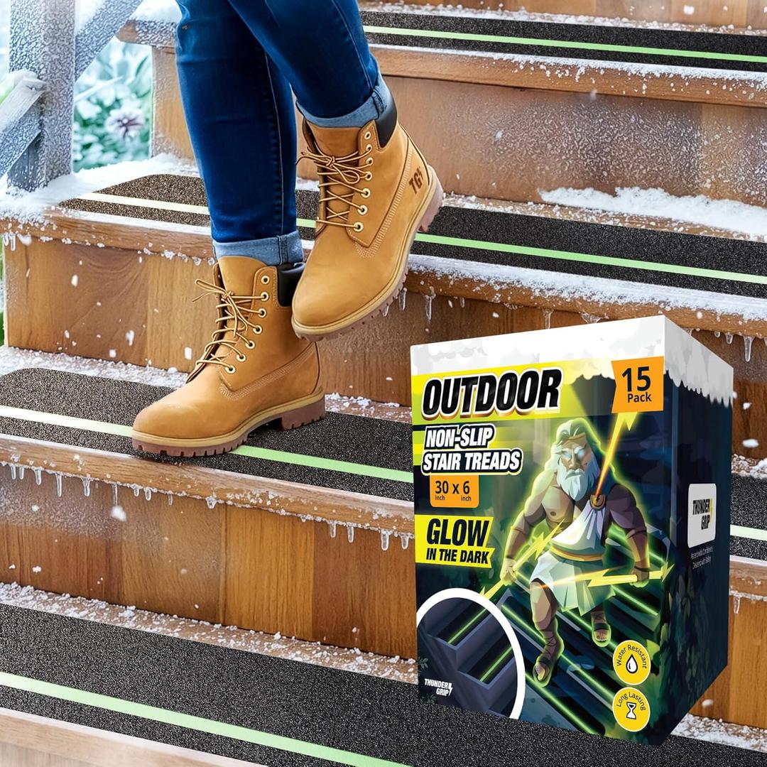 Grip Tape for Stairs 30" x 6" - 15-Pack Glow in the Dark Outdoor Stair Treads Non-Slip Weather Resistant - Anti Slip Tape for Exterior Wooden Steps - Waterproof 80-Grit Adhesive Treads by Thunder Grip