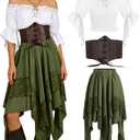 Verceco Women Pirate Costume Adult Renaissance Medieval Outfit with Peasant Top and Pirates Skirt 3-Piece Halloween Set, Green, M