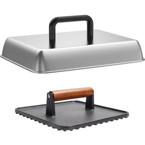 SafBbcue 14" Stainless Steel Rectangle Cheese Melting Domer Basting Cover & Cast Iron Rectangle Griddle Smash Burger Grill Weight Press for Blackstone, Pitboss, Camp Chef Flat Top Grills Accessories