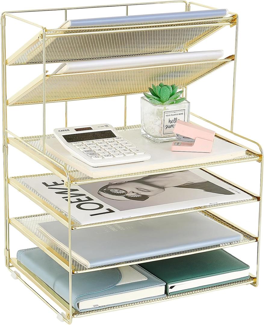 OPNICE Desk Organizer, 6-Tier Letter Tray Paper Organizer, Desktop File Organizer, Office Desk Accessories & Office Decor for Women, Workspace Organizer for Office Supplies(Gold)