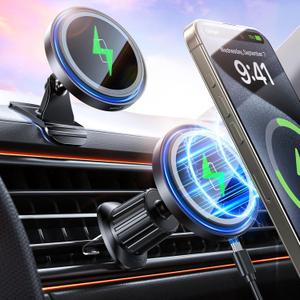 Magnetic Car Mount Charger 15W Magnetic Wireless Car Charger for iPhone 17 Accessories Magnetic Phone Holder for Car 3 in 1 Magnetic Car Mount for iPhone17Pro/16/15/14/13/12 Series Gifts for Men Women