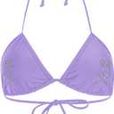 WDIRARA Women's Goth Skull Triangle Halter Bikini Top Rhinestone Tie Back Swimsuit Tops Swimwear (Purple, L)