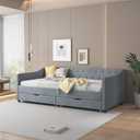Acosure Twin Daybed Frame with 2 Storage Drawers, Upholstered Sofa Bed W/ Button & Nailhead Tufted Design, Wood Slats Support, Linen Fabric Bedframe for Living Room Bedroom Apartment, Light Gray